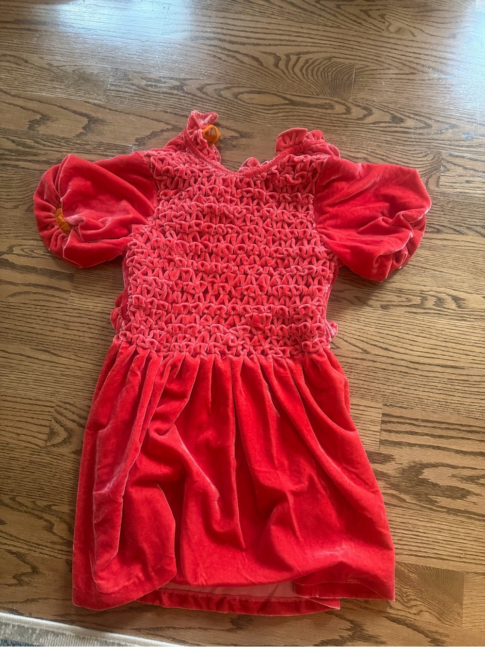 Free People Red/Orange Velvet Smocked Puff-Sleeve Dress